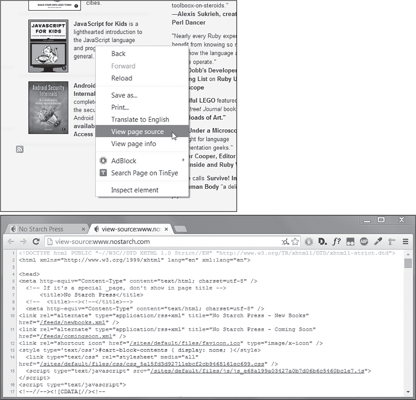 At top, a screenshot of a web page with the right-click menu open and “View page source” highlighted. At bottom, a window containing HTML source code.