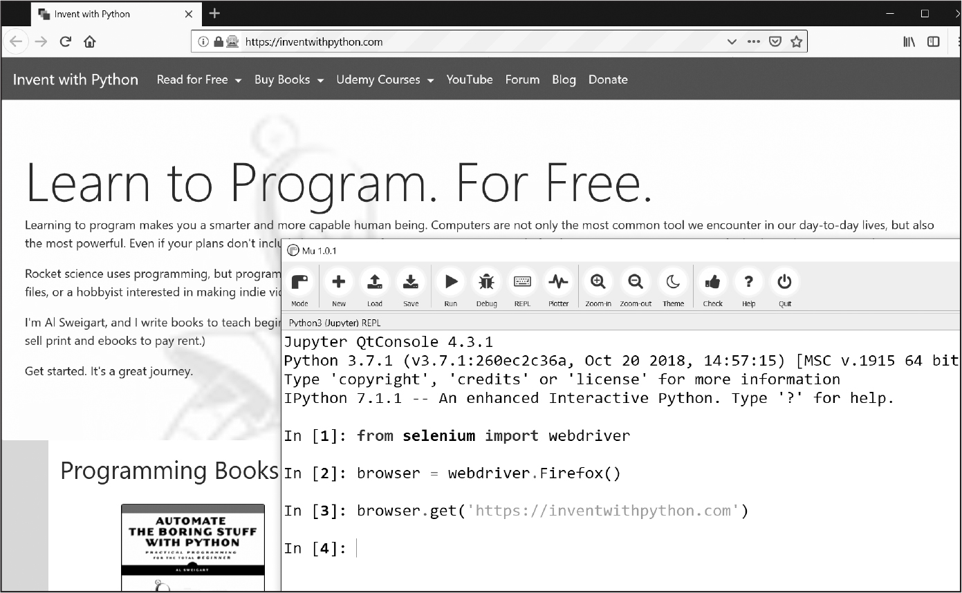 A screenshot of a web browser open to the web page at inventwithpython.com. Superimposed onto it is the Mu console.