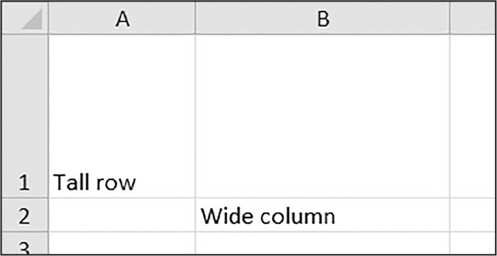 An Excel spreadsheet in which row 1 is taller than usual and column B is wider than usual. Cell A1 contains the text “Tall row” and cell B1” contains the text “Wide column”.