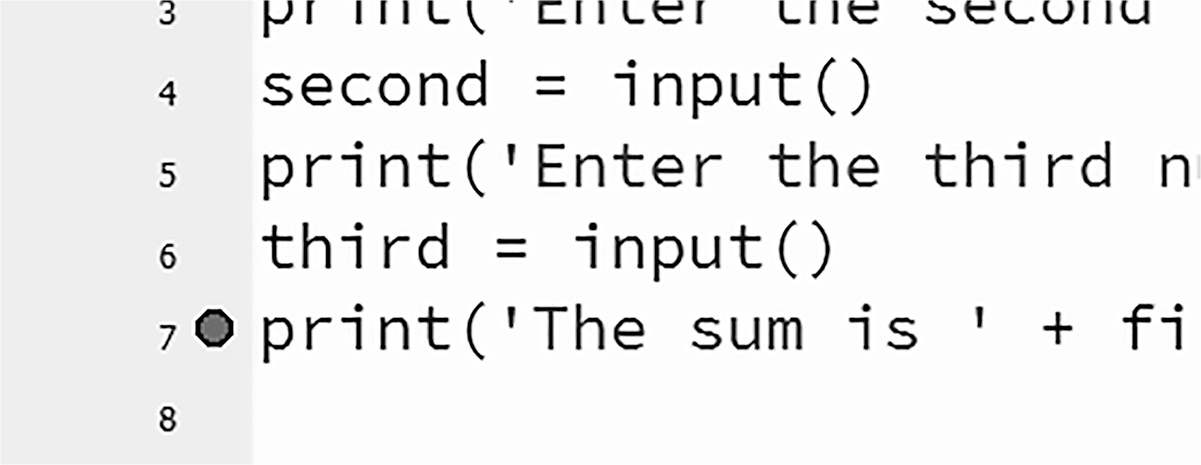 A zoomed-in screenshot of a Python program in the Mu interface with a red dot next to line 7