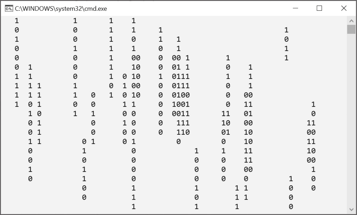 A Windows Command Prompt window showing randomly placed columns of 1 and 0 characters of various lengths